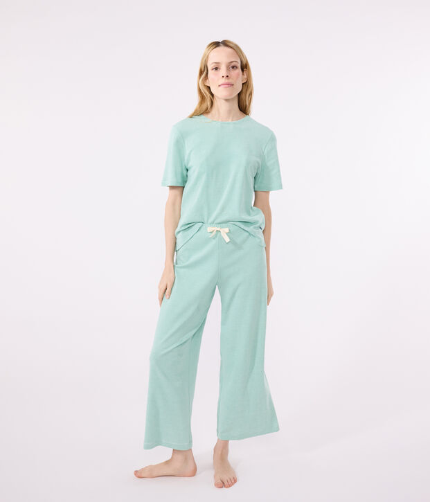 Damen-Pyjama aus Baumwolle mit weiten Beinen und Streifen gr&uuml;n/weiss
