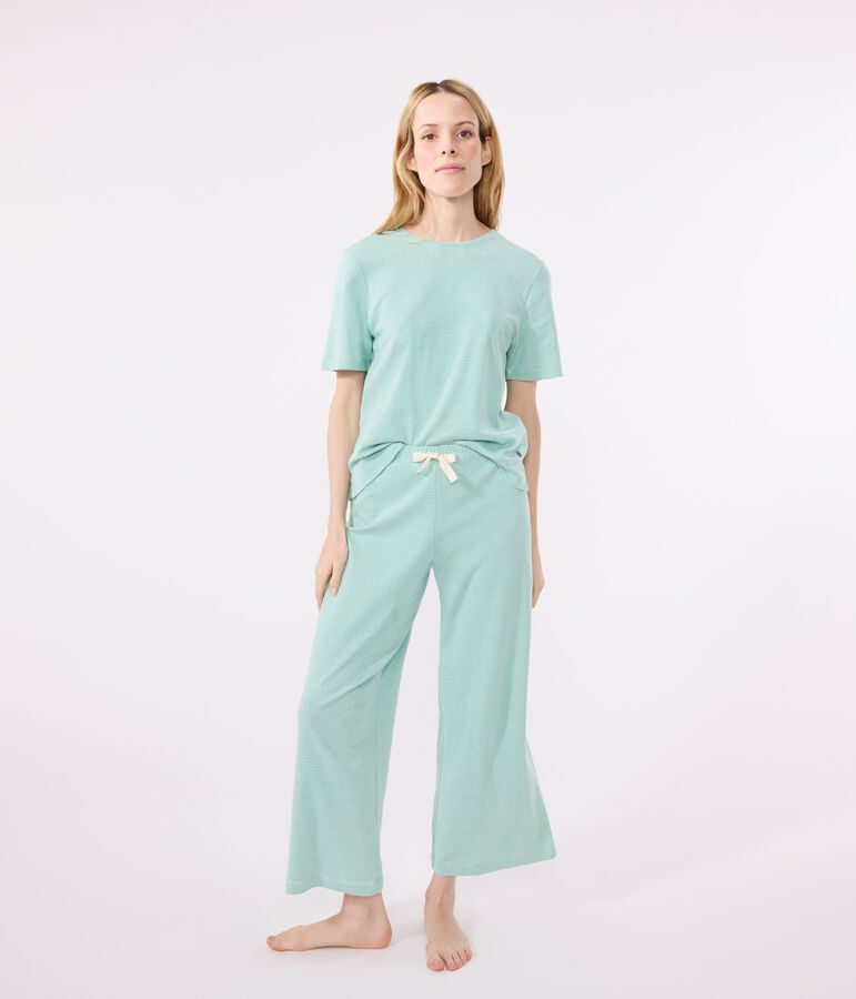 Damen-Pyjama aus Baumwolle mit weiten Beinen und Streifen gr&uuml;n/weiss