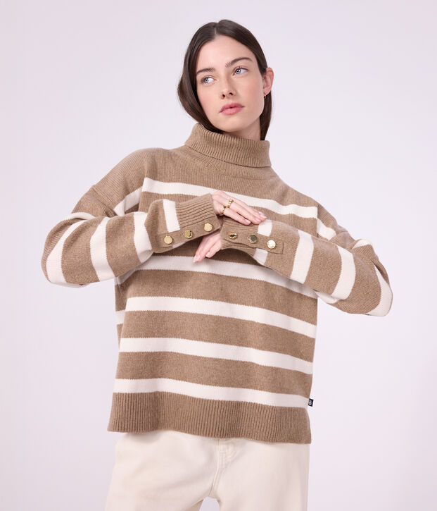 Damen-Pullover mit Rollkragen aus Wolle und Baumwolle mit Streifen beige/naturfarben