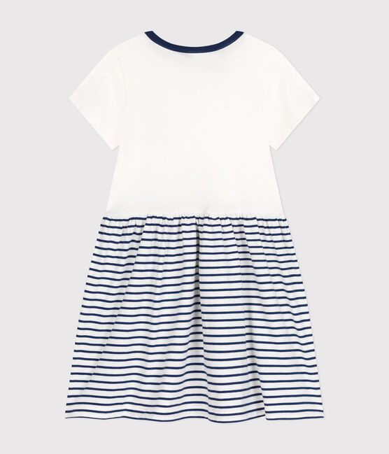 Kurzärmeliges Kinder-Kleid aus Baumwolle für Mädchen weiss MARSHMALLOW/blau MEDIEVAL
