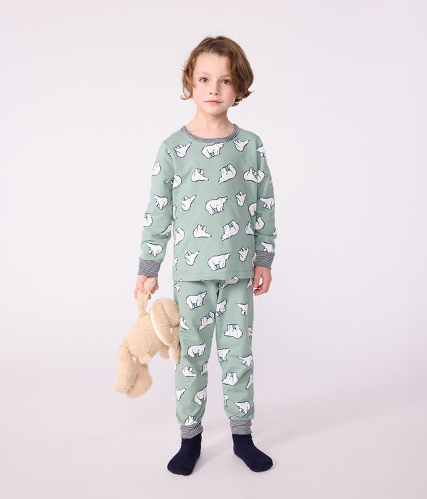 Kinder-Pyjama aus Molton mit B&auml;rmotiv gr&uuml;n/vielfarbig