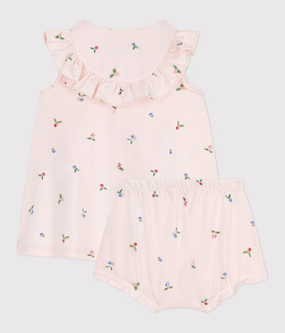 Kurzärmeliges Babykleid aus Baumwolle und Bloomer mit Fruchtmuster rosa FLEUR/weiss MULTICO