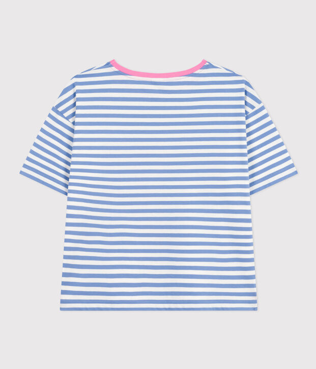 Damen-T-Shirt Le Boxy aus gestreifter Baumwolle blau/weiss