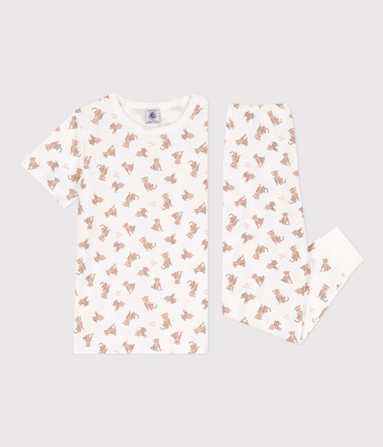 Kurzärmeliger Kinderpyjama aus Baumwolle mit Leopardenmuster weiss MARSHMALLOW/weiss MULTICO