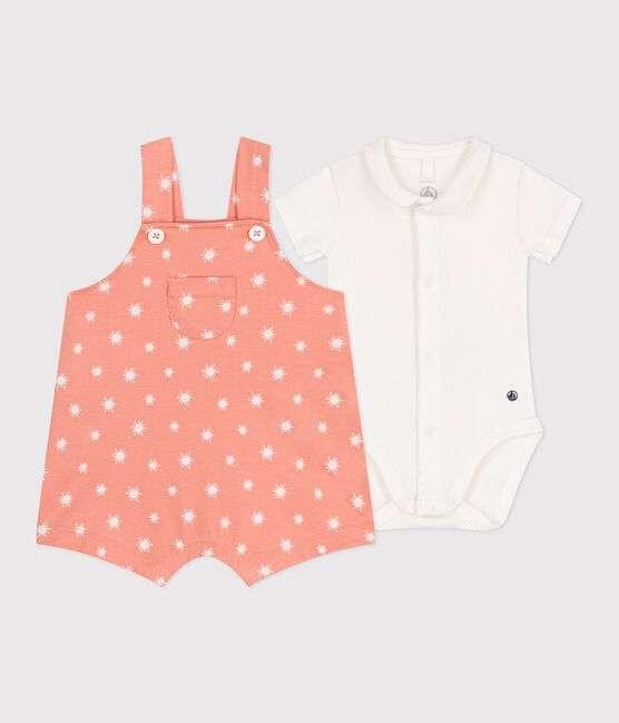 Newborn-Set Latzhose aus Baumwolle mit Sonnenmuster und Body orange ABRICOT/ MARSHMALLOW