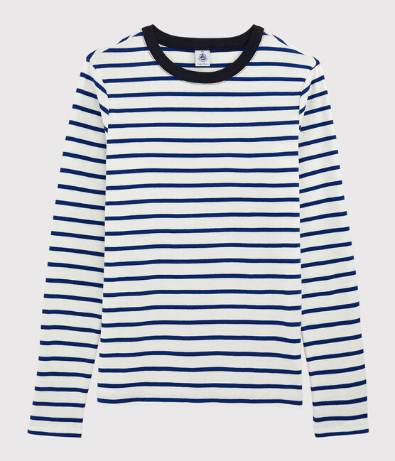 Damen-T-Shirt aus Baumwolle mit Rundhalsausschnitt weiss MARSHMALLOW/blau SURF