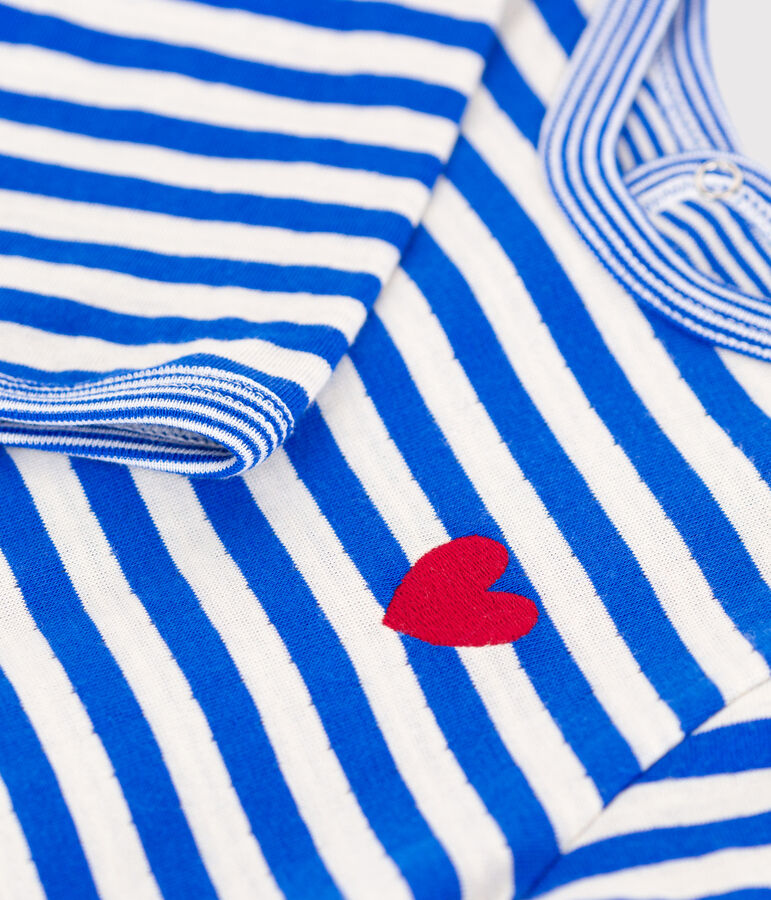 Strampler aus Doppeljersey mit &Ouml;ffnung am R&uuml;cken und Streifen blau/naturfarben