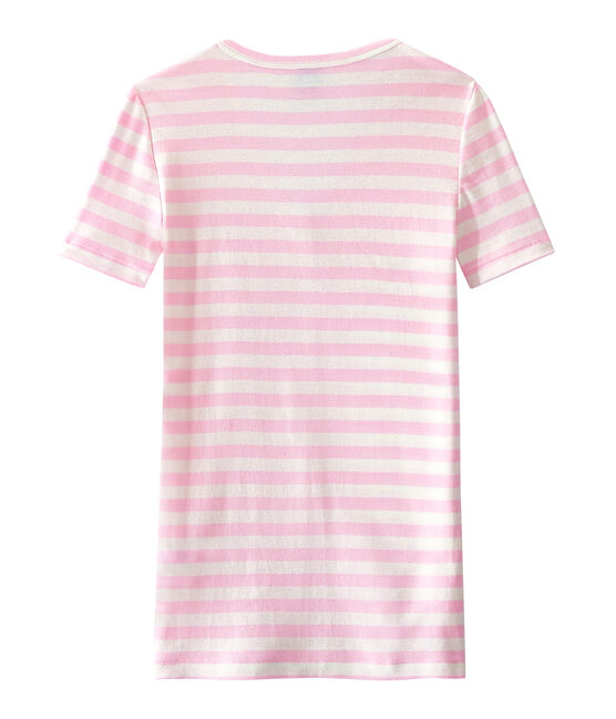 Gestreiftes Damen-T-Shirt mit V-Ausschnitt aus Original-Rippstrick rosa BABYLONE/weiss MARSHMALLOW