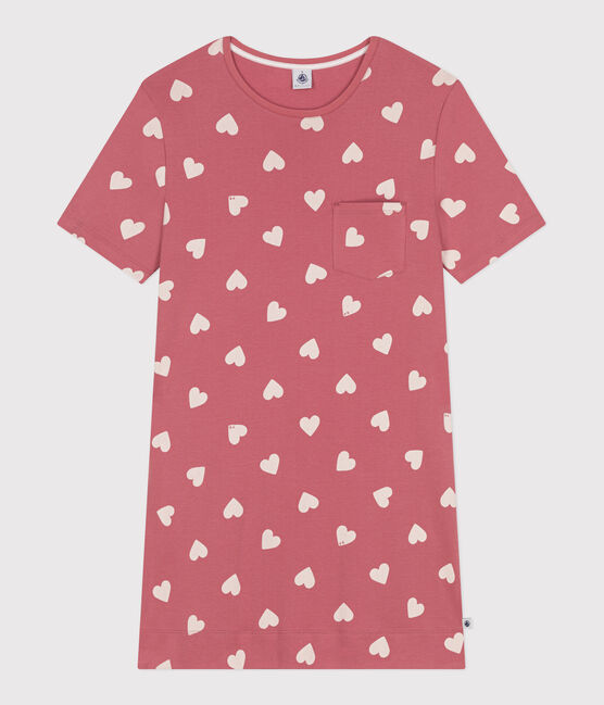Kurzärmeliges Damen-Nachthemd aus Baumwolle mit Herzmotiv rosa ROSEWOOD/ MARSHMALLOW