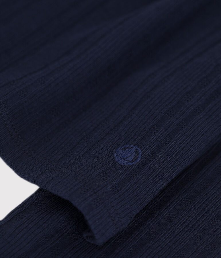 Lang&auml;rmeliges Damen-T-Shirt mit Kragen mit Knopfleiste im einfarbigen Nadelzug-Strick blau