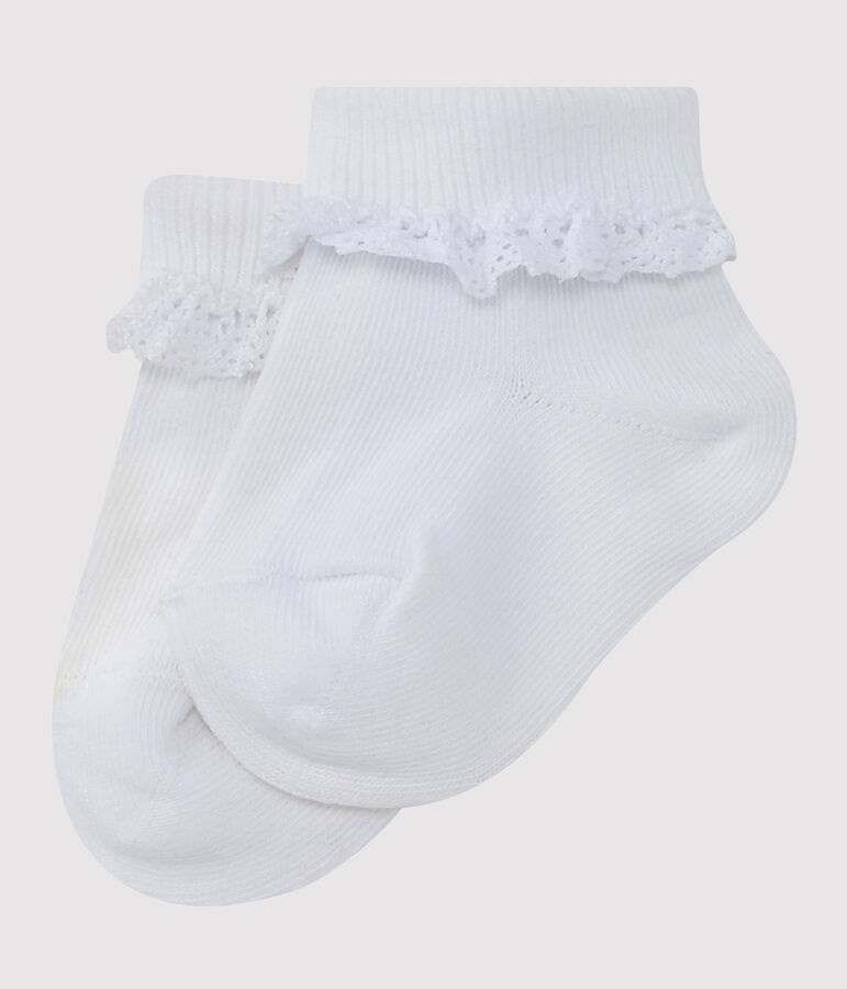Einfarbige M&auml;dchen-Socken mit Spitzenbesatz weiss