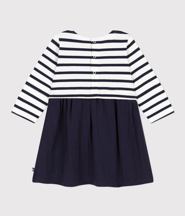 Lang&auml;rmeliges Babykleid aus zwei Materialien blau/weiss
