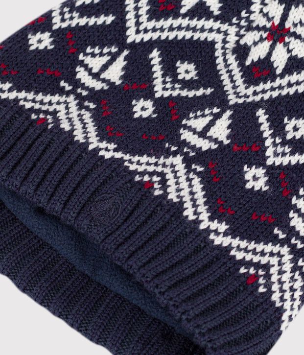 Baby-M&uuml;tze aus Woll- und Baumwoll-Jacquard mit Fleece-Futter blau/naturfarben/rot