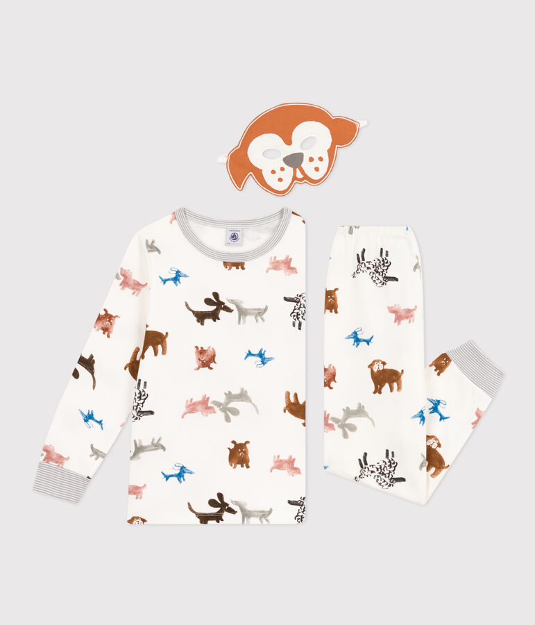 Kinderpyjama zum Verkleiden aus Molton mit Hundmotiv weiss/vielfarbig