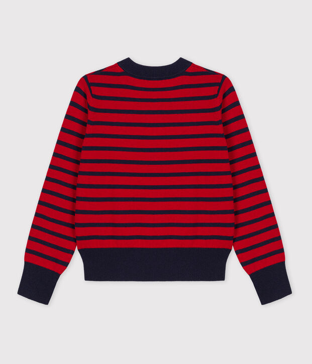 Damenpullover aus Wolle-/Baumwollmischung mit Marinestreifen rot/blau