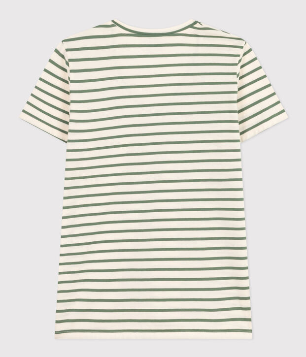 Gestreiftes Damen-T-Shirt Le Droit mit V-Ausschnitt aus Baumwolle naturfarben/gr&uuml;n