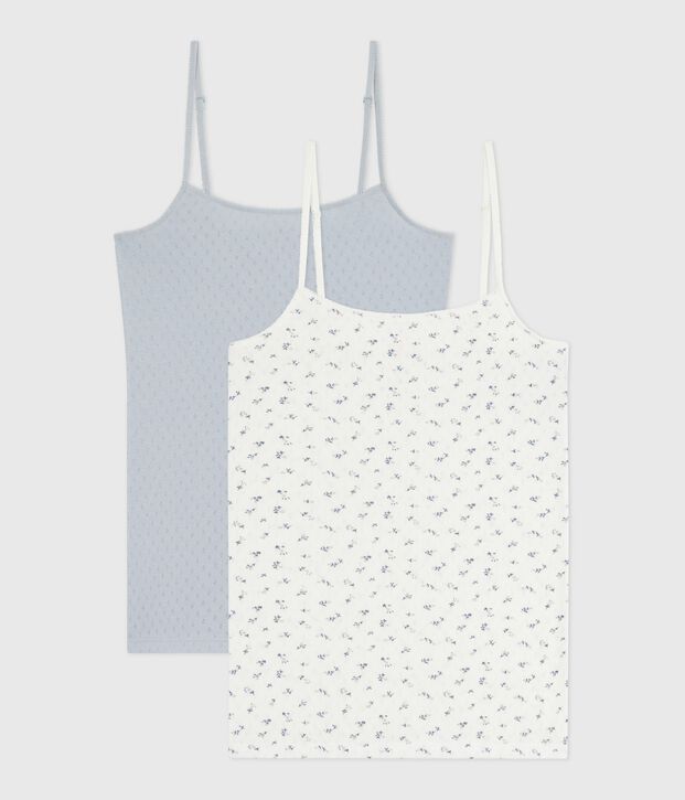 Set Damen Spaghetti-Tops aus Baumwolle mit Lochstickerei vielfarbig