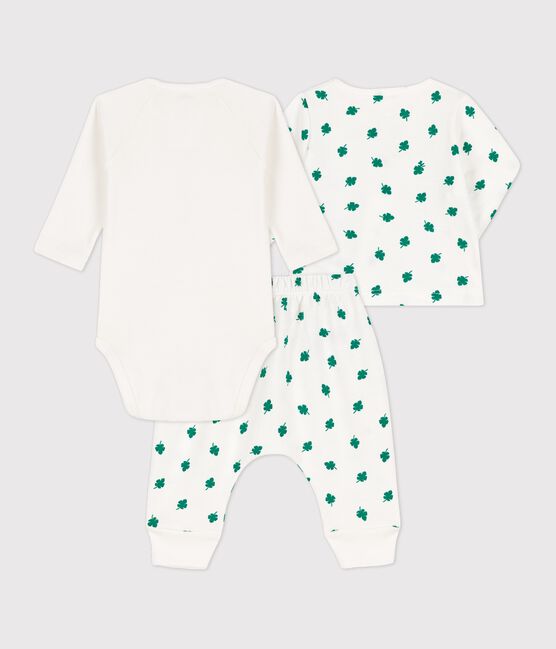 Dreiteiliges Baby-Set aus Bio-Molton mit Pflanzenmuster weiss MARSHMALLOW/grün GAZON