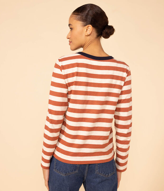 Damen-T-Shirt LE DROIT aus Baumwolle mit Rundhalsausschnitt braun/naturfarben