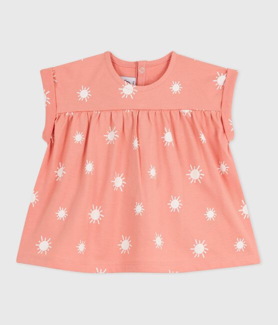 Kurzärmelige Baby-Bluse aus Baumwolle mit Sonnenmuster orange ABRICOT/ MARSHMALLOW