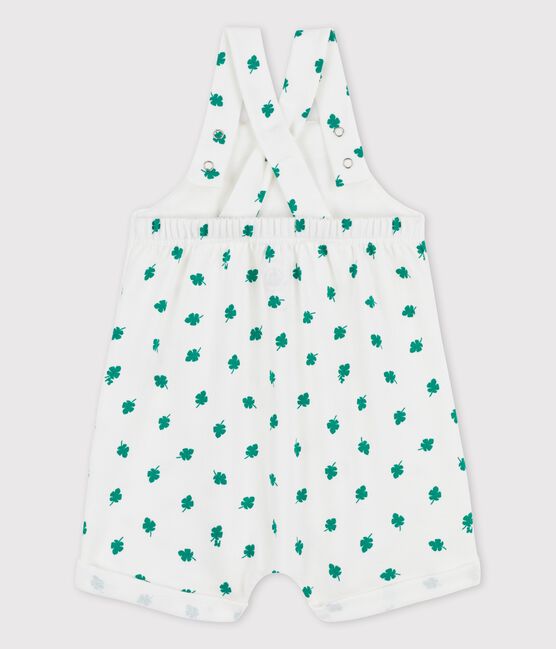 Kurze Baby-Latzhose aus leichtem Bio-Molton mit Pflanzenmuster weiss MARSHMALLOW/grün GAZON