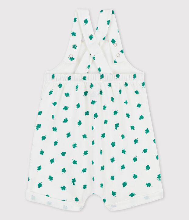 Kurze Baby-Latzhose aus leichtem Bio-Molton mit Pflanzenmuster weiss/gr&uuml;n