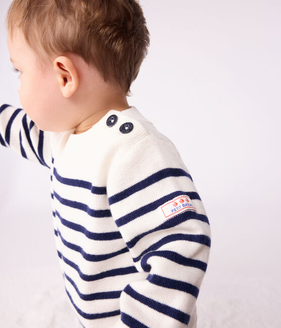 Baby-Pullover im Marine-Look aus Wolle und Baumwolle mit Streifen blau MARSHMALLOW/ SOIR