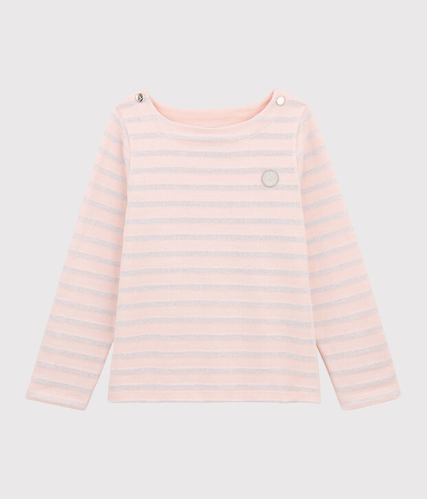 Kindershirt aus Jerseystoff mit Marinestreifen f&uuml;r M&auml;dchen rosa/grau