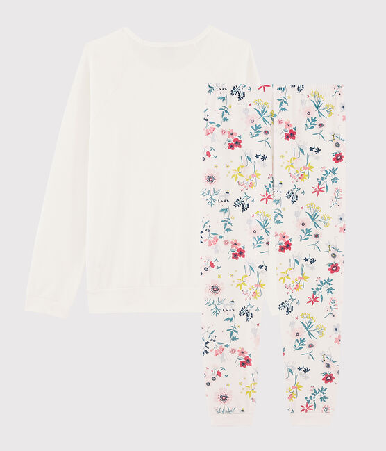 Pyjama aus zwei verschiedenen Stoffen mit Blumenmuster für Mädchen/Damen weiss MARSHMALLOW/weiss MULTICO
