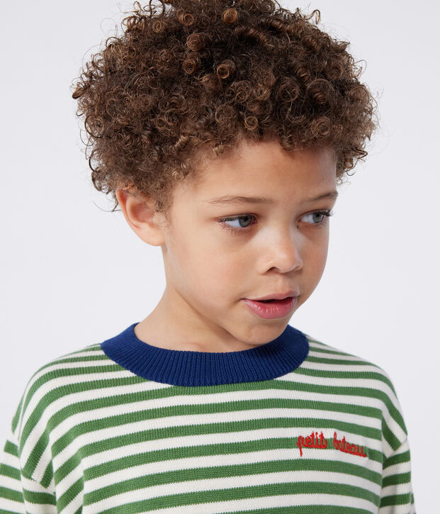 Kinder-Pullover aus Baumwolle mit Streifen gr&uuml;n/naturfarben