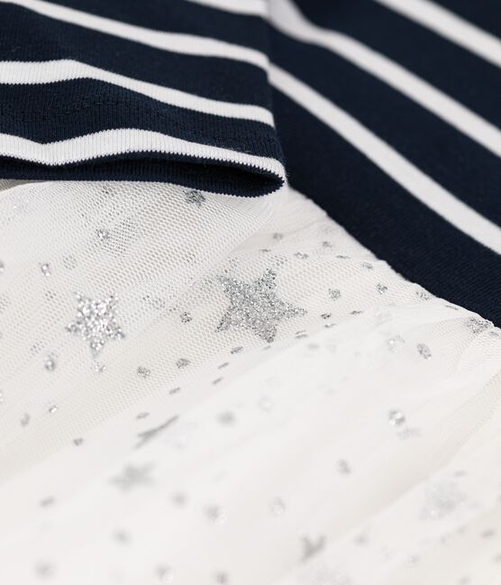 Langärmeliges Kinderkleid aus Baumwolle und Tüll für Mädchen blau SMOKING/weiss MARSHMALLOW