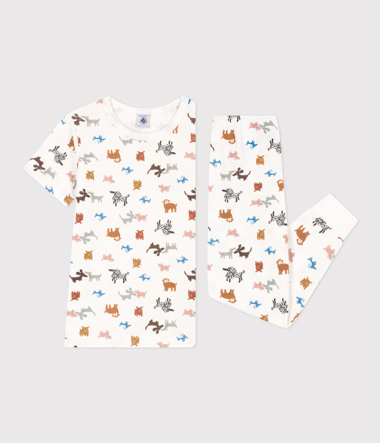 Kurz&auml;rmeliger Kinderpyjama aus Baumwolle weiss MARSHMALLOW/weiss MULTICO