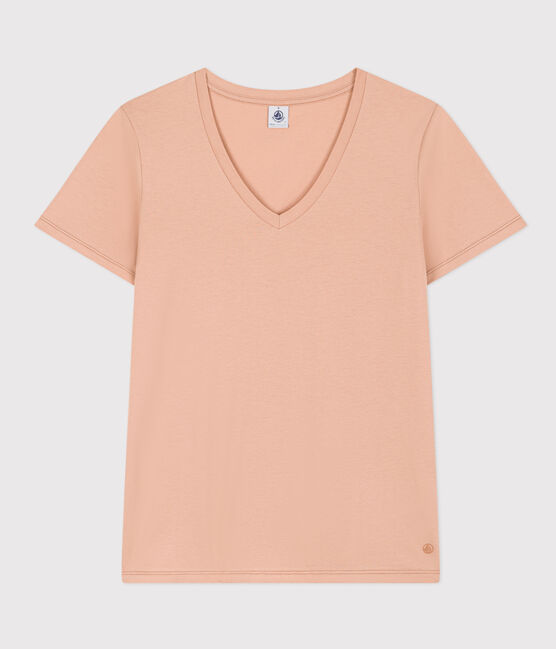 Damen-T-Shirt LE DROIT aus Baumwolle mit V-Ausschnitt beige VINTAGE