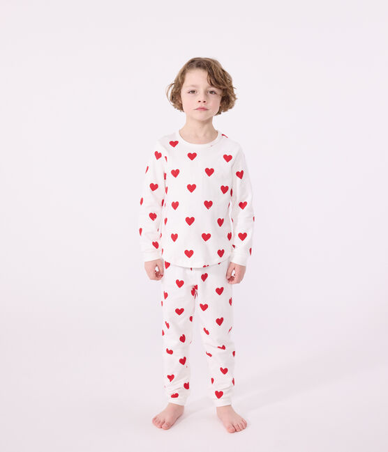 Kinderpyjama aus Rippstrick mit Herzchenmotiv weiss MARSHMALLOW/rot TERKUIT