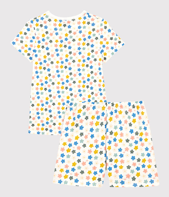 Kinderkurzpyjama aus Baumwolle mit phosphoreszierenden Blumen für Mädchen weiss MARSHMALLOW/weiss MULTICO