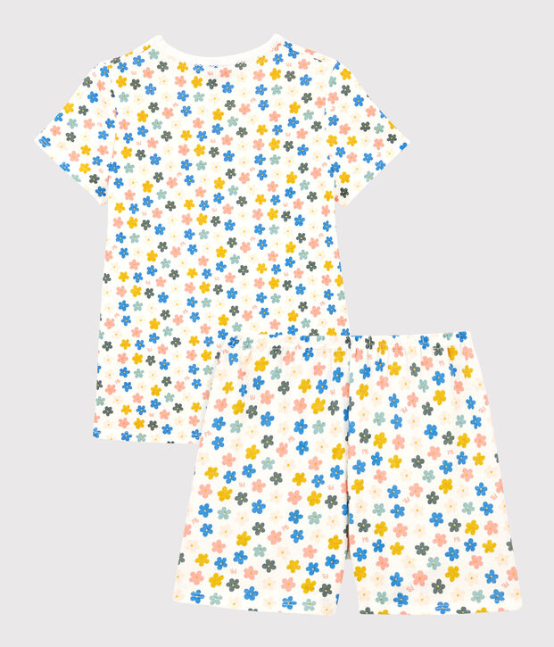 Kinderkurzpyjama aus Baumwolle mit phosphoreszierenden Blumen f&uuml;r M&auml;dchen weiss/vielfarbig