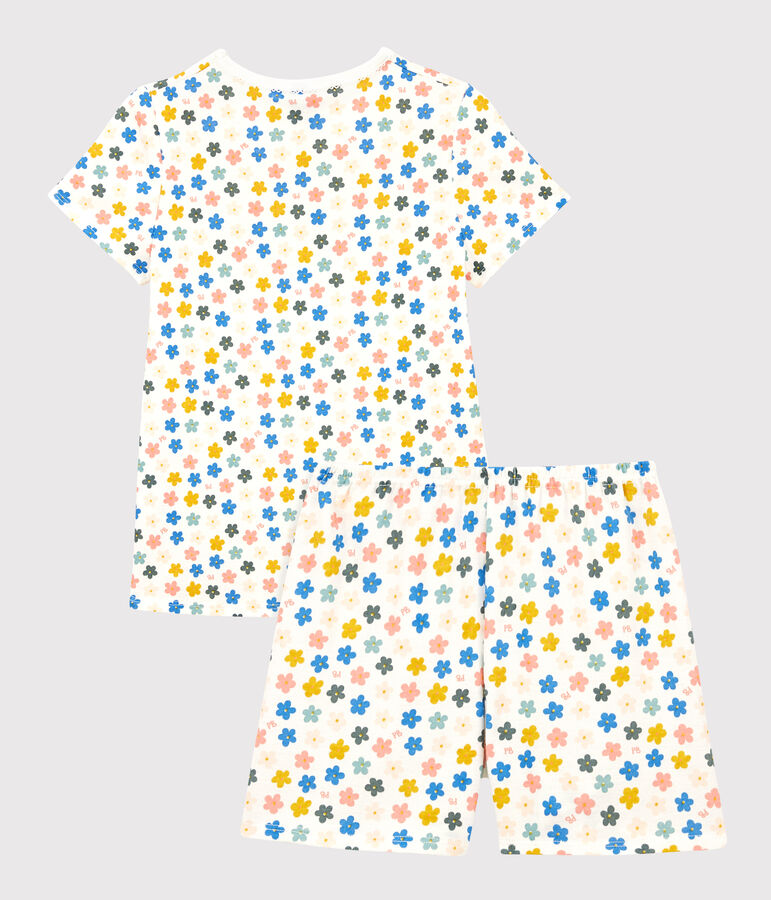 Kinderkurzpyjama aus Baumwolle mit phosphoreszierenden Blumen f&uuml;r M&auml;dchen weiss MARSHMALLOW/weiss MULTICO