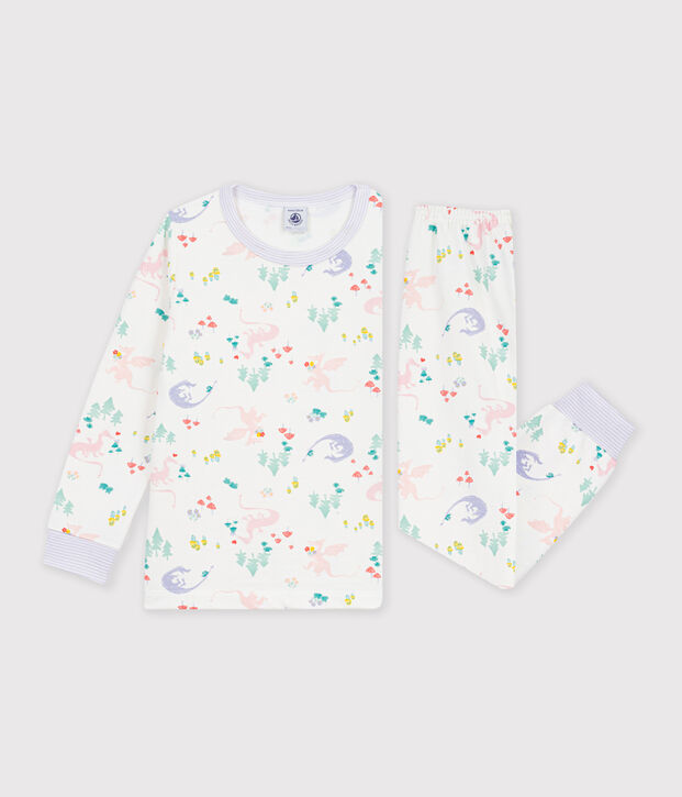 Kinder-Pyjama aus Molton mit Drachenmotiv weiss/vielfarbig