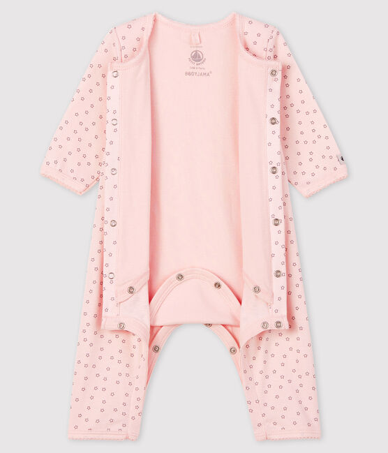 Baby-Bodyjama ohne Füße aus Bio-Baumwolle mit kleinem Sternen-Motiv für Mädchen rosa FLEUR/grau CONCRETE