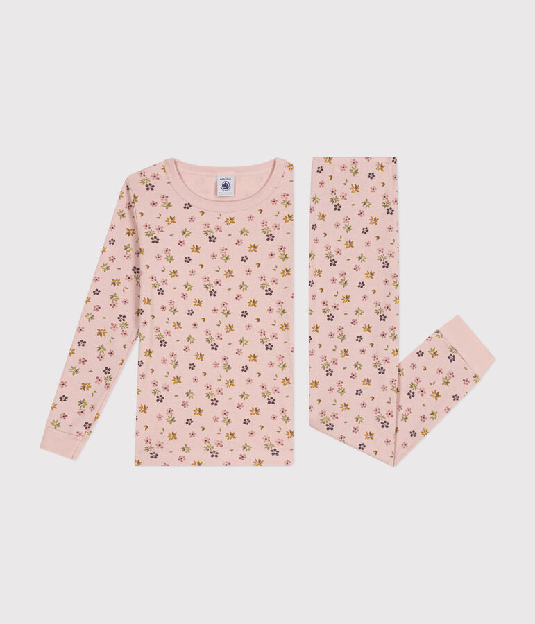 Eng anliegender Kinder-Pyjama aus Baumwolle mit Blumenmotiv rosa/weiss