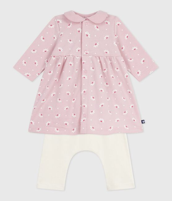 Baby-Kleid mit Kragen Blumen- und Herzmotiv und dazu passende Leggings aus Baumwolle rosa JOLI/weiss MULTICO
