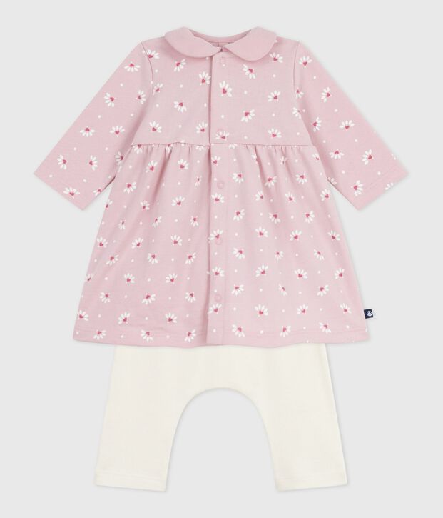 Baby-Kleid mit Kragen Blumen- und Herzmotiv und dazu passende Leggings aus Baumwolle rosa/vielfarbig