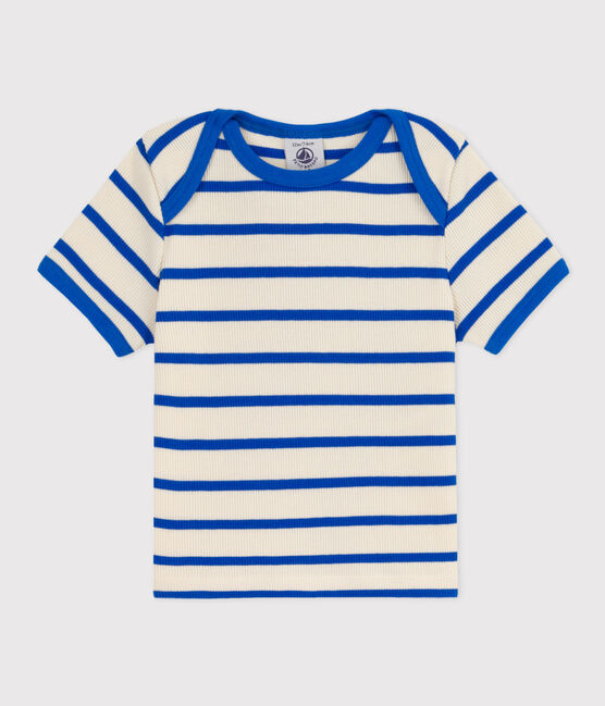 Kurzärmeliges Baby-T-Shirt aus gestreiftem Rippstrick blau AVALANCHE/weiss PERSE