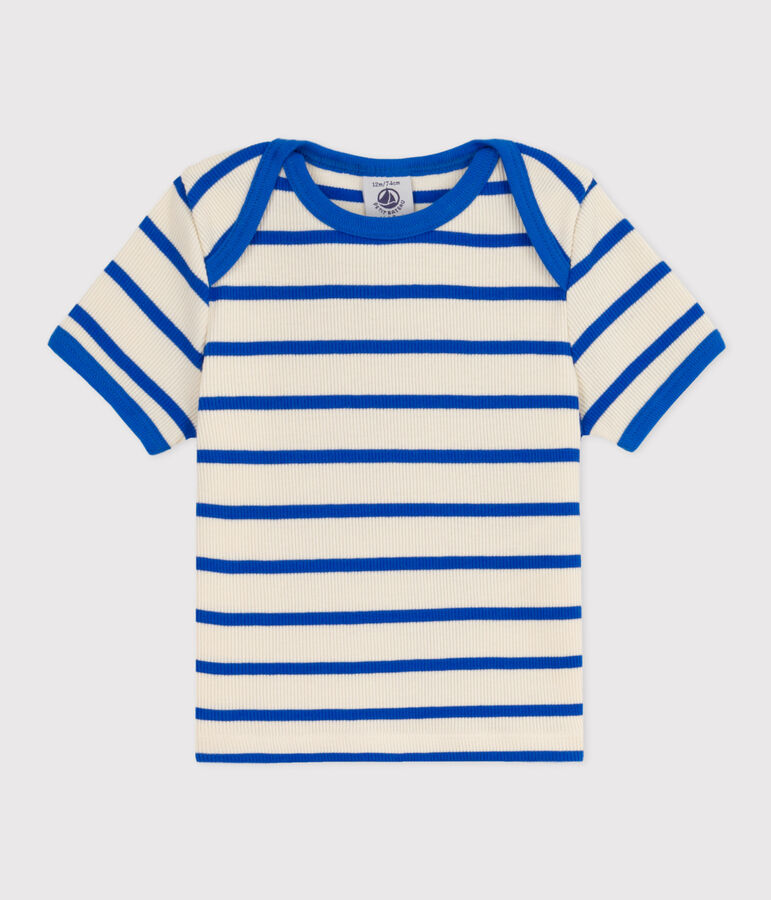Kurz&auml;rmeliges Baby-T-Shirt aus gestreiftem Rippstrick naturfarben/blau