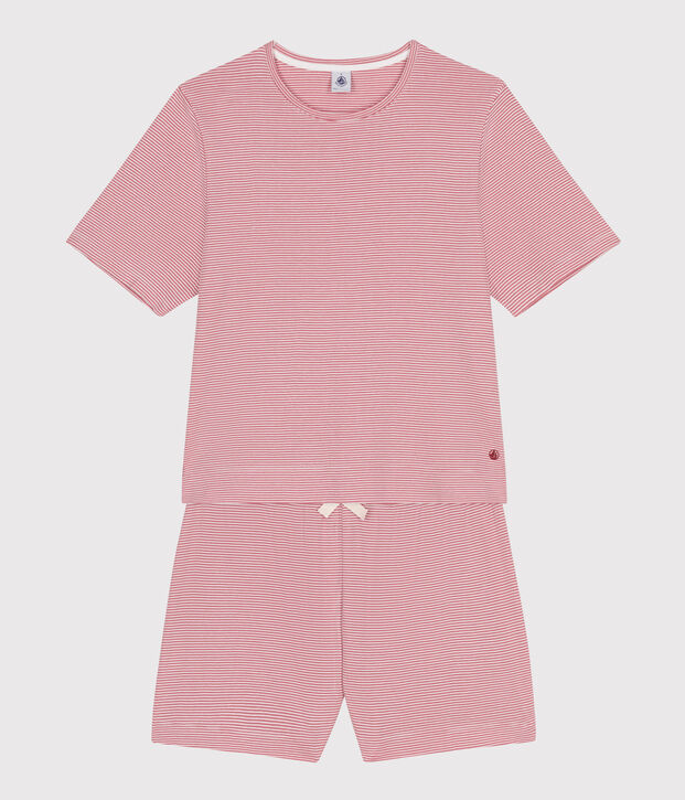Damen-Pyjamashorts aus gestreifter Baumwolle rosa/weiss