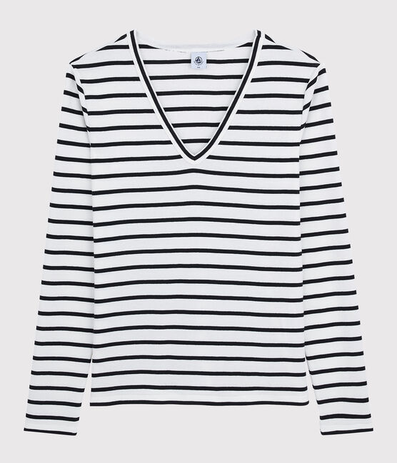 Klassisches Damen-T-Shirt mit V-Ausschnitt aus gestreifter Baumwolle weiss MARSHMALLOW/blau SMOKING