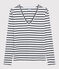 Klassisches Damen-T-Shirt mit V-Ausschnitt aus gestreifter Baumwolle weiss MARSHMALLOW/blau SMOKING