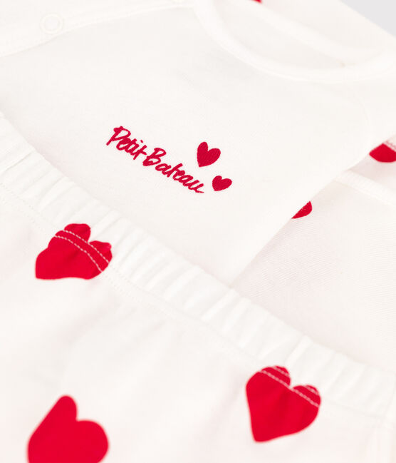 3-teilige Baby-Kombination aus Baumwolle mit Herzmuster weiss MARSHMALLOW/rot TERKUIT