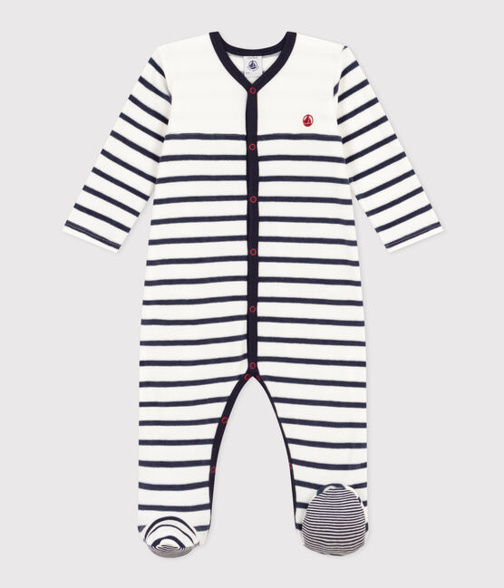 Gestreifter Baby-Pyjama aus Samt weiss MARSHMALLOW/blau SMOKING