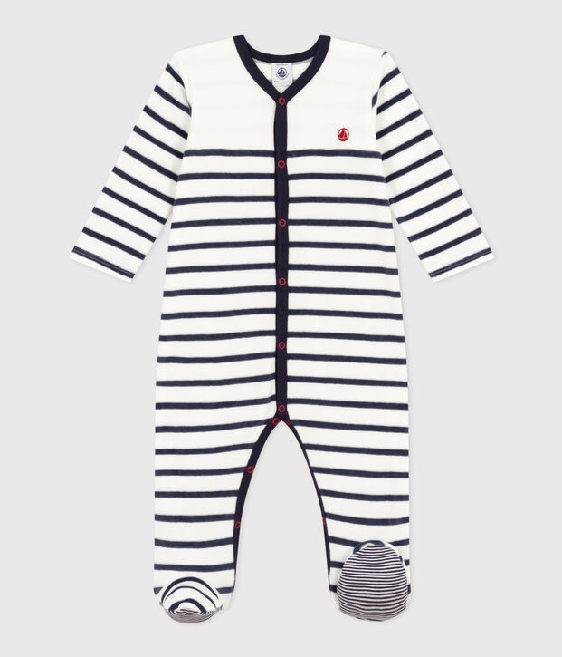 Gestreifter Baby-Pyjama aus Samt weiss/blau